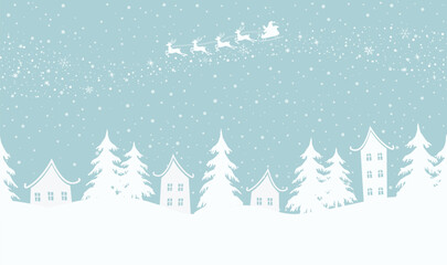 Fototapeta premium Christmas Background. Winter Village. Seamless border. Fairy Tale Winter Landscape. Santa Claus is Riding Across the Sky on Deer. White Houses, Fir Trees on Light Blue Background. Vector