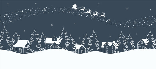 Christmas Background. Seamless Border. Winter Landscape. Santa Claus is riding Across the Sky on Deer with Plume. White Silhouettes of Houses and Fir Trees on Dark Blue Background. Vector