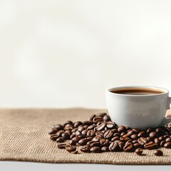 A beautifully arranged cup of coffee surrounded by roasted coffee beans on a burlap mat.