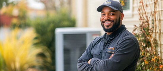 A happy HVAC technician standing in front of an air conditioner unit.