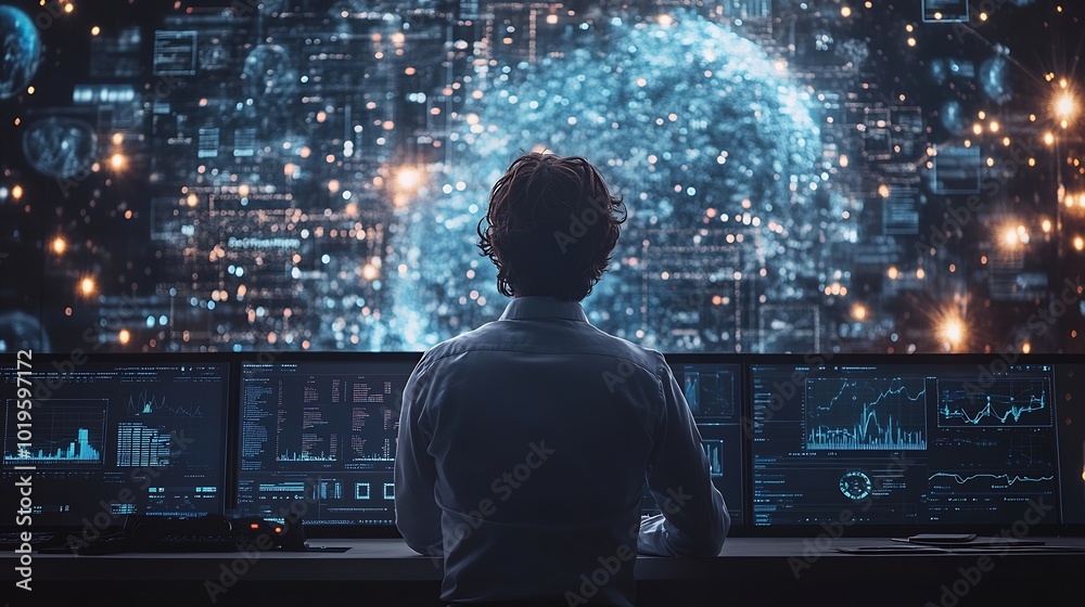Poster Data analytics and insights powered by big data and artificial intelligence technologies Data scientist working with complex information analysed by AI for business analytics dashboard : Generative AI
