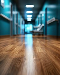 Obraz premium A blurred perspective of a modern hospital corridor with wooden flooring and teal walls, creating a calming atmosphere.