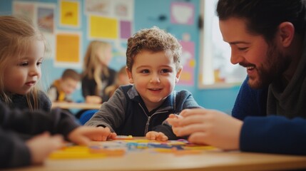 A joyful interaction between a child and an adult during a playful learning activity.