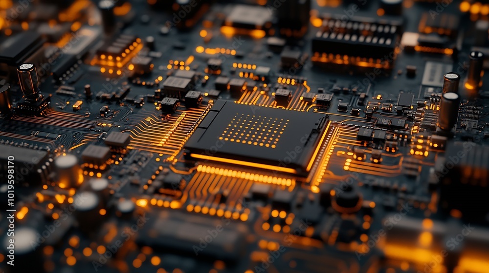 Poster a high technology ai supercomputer close up transisitor on the pcb board : generative ai