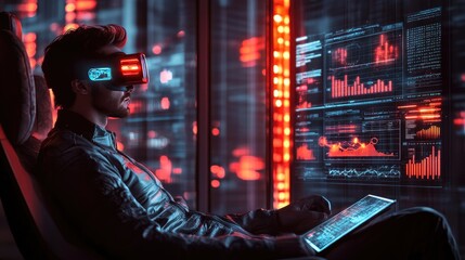 Futuristic Tech: Man with VR Headset Analyzing Data in Neon-Lit Digital Environment