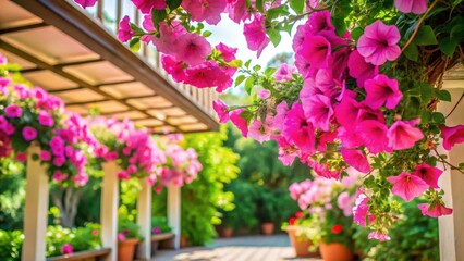 Bottom view of beautiful pink flowers in a garden near the veranda , floral, colorful, blooming, spring, pink, vibrant, garden