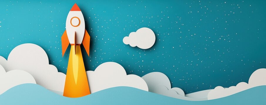 A colorful rocket launching against a blue sky, surrounded by whimsical clouds.