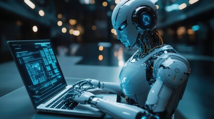 Futuristic Humanoid Robot Analyzing Data on Laptop in a Modern Tech Facility