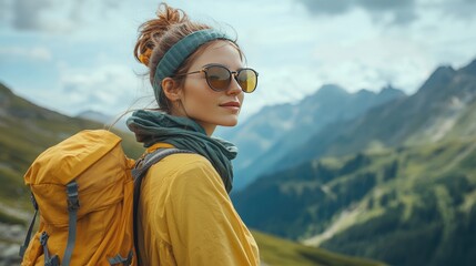 Naklejka premium Adventurous Woman with Backpack Enjoys Scenic Mountain Landscape on a Sunny Day