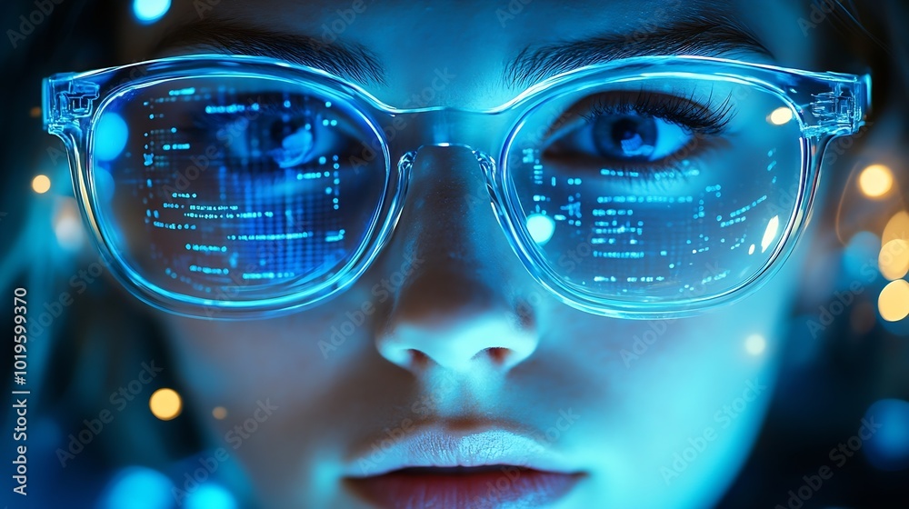 Fototapete Software coding hologram and woman in data analytics information technology and gdpr overlay Programmer or IT person in glasses reading script programming and cybersecurity research on : Generative AI