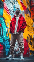 Obraz premium Confident Man in Red Jacket Posing Against Colorful Urban Graffiti Wall