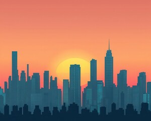 Fototapeta premium Silhouette of a modern city skyline against a vibrant sunset, showcasing various skyscrapers and architectural styles.