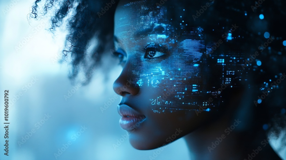 Fototapete Black woman with tablet erp data hologram and innovation research and programming in future information technology Futuristic network analytics and developer for startup business websi : Generative AI