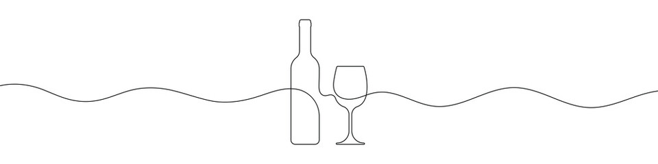 Continuous line drawing of wine bottle and wine glass. Alcohol symbol. One line drawing. Single line art. Vector illustration.