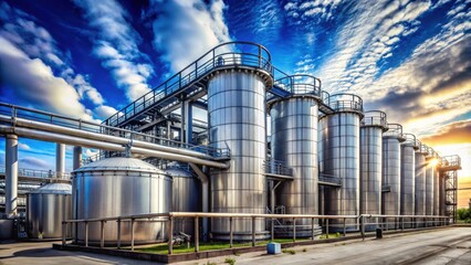 Industrial plant with large metal tanks and pipelines under a blue sky with clouds