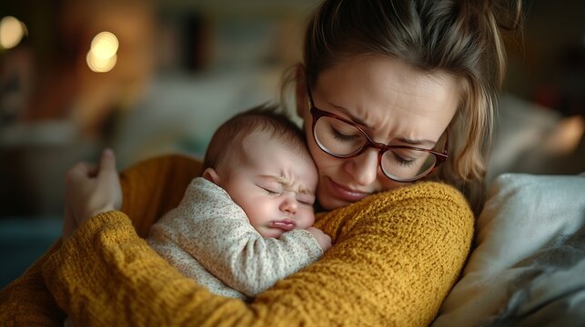 Young mother holding crying newborn baby girl or boy calming kid lullying in bedroom interior  focus on baby free space : Generative AI