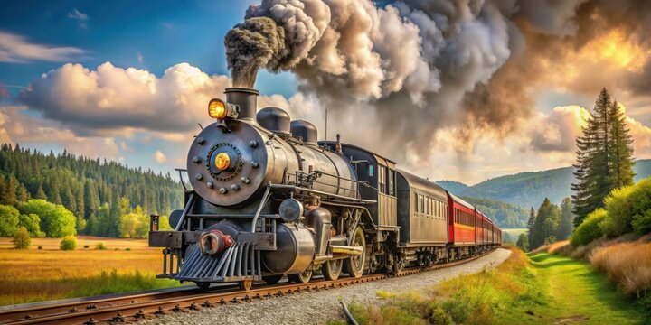 Vintage steam locomotive chugging along a scenic railroad track, train, steam, locomotive, vintage, transportation, travel