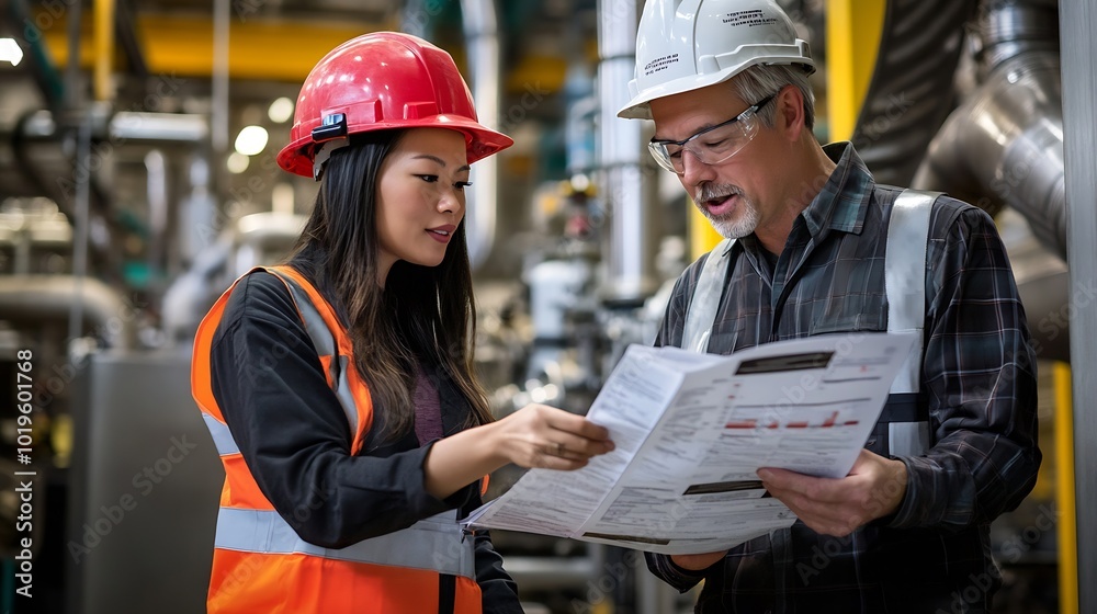 Aufkleber female engineer reading technical documentation with project manager in modern industrial factory ta