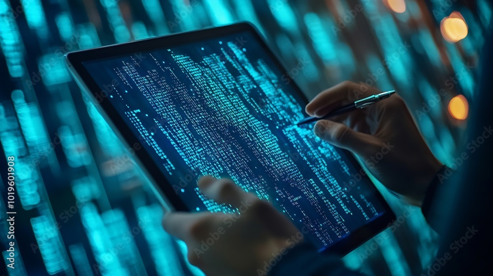 Poster Software engineer using digital tablet with cyber security network computer code on virtual screen interface Data science machine learning of artificial intelligence digital software d : Generative AI