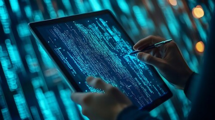 Software engineer using digital tablet with cyber security network computer code on virtual screen interface Data science machine learning of artificial intelligence digital software d : Generative AI