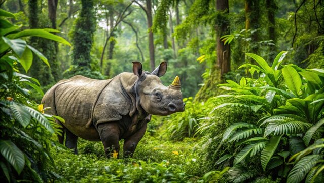 Javan rhino camouflaged in lush tropical forest, endangered, wildlife, javan rhinoceros, nature, habitat