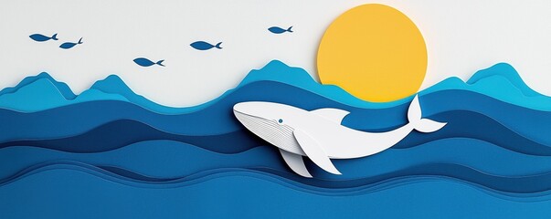 Obraz premium A paper cutout scene of a whale in the ocean under the sun, showcasing artistic waves and fish, vibrant colors and serene vibe.