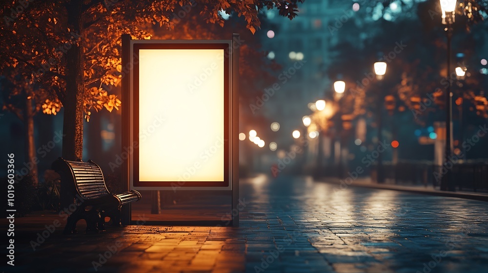 Poster Mockup Of Bus Stop Vertical Billboard In Front Of Empty Street Background At Night Blank Advertising Display In A Park : Generative AI