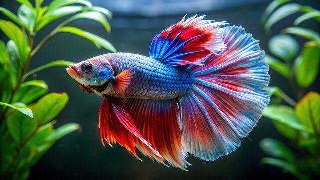 Multi color Siamese fighting fish in Rosetail halfmoon variety swimming gracefully in a tank, Betta splendens, vibrant