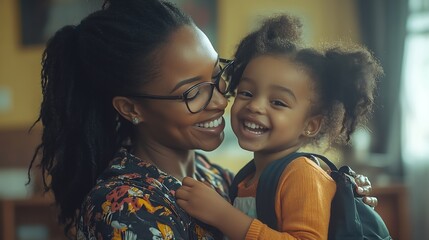 Talking happy and a mother with a child getting ready for school in the morning Kiss laughing and an African mom helping a little girl with a bag in the living room of a house for kind : Generative AI