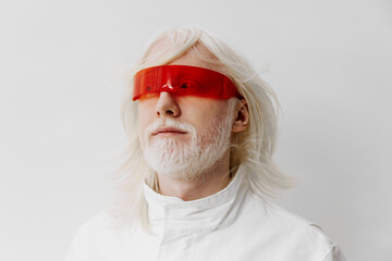 futuristic man with long white hair and red visor against a bright white background, embodying a sci fi concept and exploring themes of technology and identity