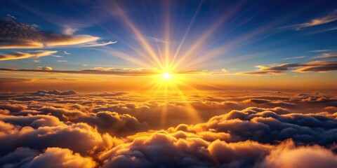 Naklejka premium of the sunset sun rays shining above the clouds, sunset, sun ray, above, clouds, sky,flying, beauty, nature, serene
