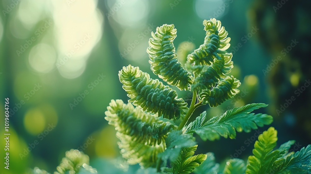 Poster Beautiful Close Up View Of Fresh Green Young Wild Ferns Plantation Bud In Spiral Form With Shallow Depth Of Field In The Forest : Generative AI