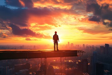 Fototapeta premium Silhouette of a Person Enjoying the Breathtaking Sunset Over the City