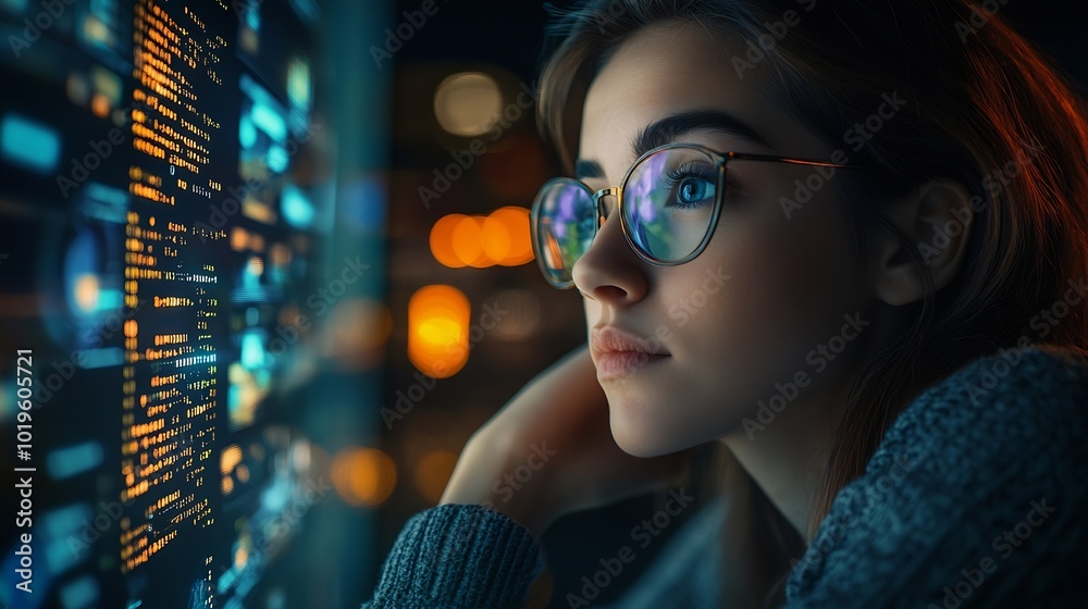 Aufkleber Computer code hologram and woman thinking of data analytics information technology or software overlay at night Laptop solution and IT people with algorithm statistics and cybersecurit : Generative AI