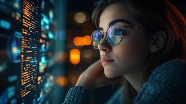 Computer code hologram and woman thinking of data analytics information technology or software overlay at night Laptop solution and IT people with algorithm statistics and cybersecurit : Generative AI