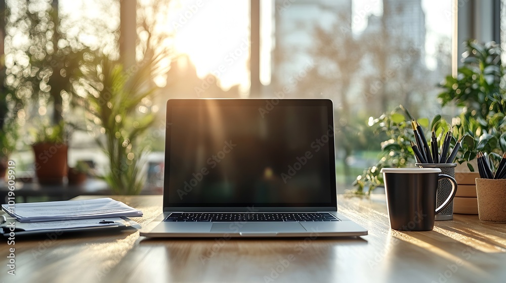 Poster minimalist office desk setup featuring a sleek laptop a cup of coffee and neatly arranged work docum