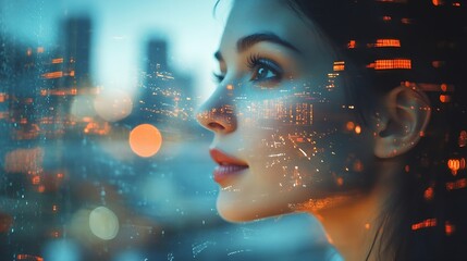 Business people double exposure and woman with presentation coaching and city lights with information Corporate professional or overlay with happy employee brainstorming and mentor wit : Generative AI