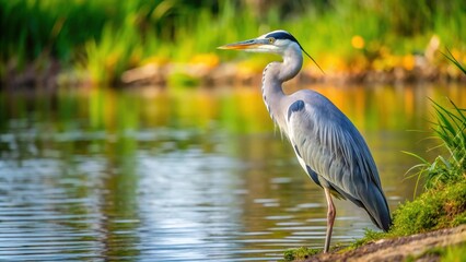 Naklejka premium Gray heron bird standing patiently near lake shore, waiting for prey, Gray heron, bird, wildlife, nature, water, lake, shore