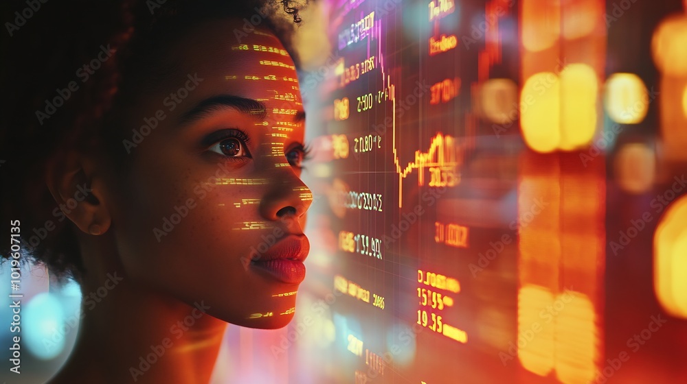 Poster Computer data hologram hud or woman review finance chart stock market database or futuristic night overlay Forex investment dashboard web ecommerce or African trader trading NFT or bit : Generative AI