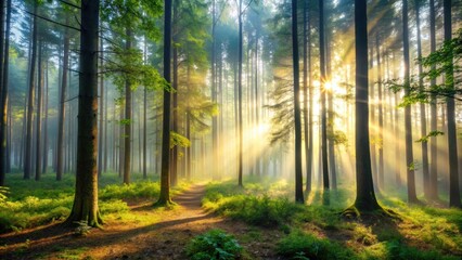 Fototapeta premium Misty morning in forest with soft light filtering through tall trees, nature, landscape, misty, morning, forest, trees