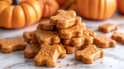 A pile of baked pumpkin dog treats on a marble background with pumpkins and a burnt orange dog collar : Generative AI