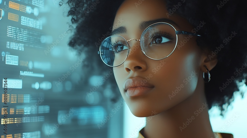 Leinwandbilder black woman working in office and futuristic graphical user interface concept ict information commun