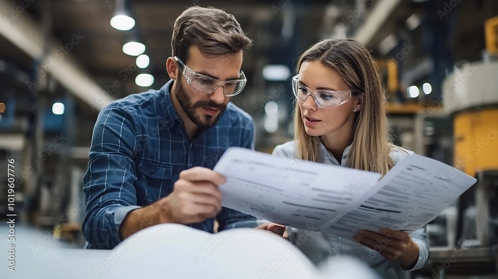 Fototapete female engineer reading technical documentation with project manager in modern industrial factory ta