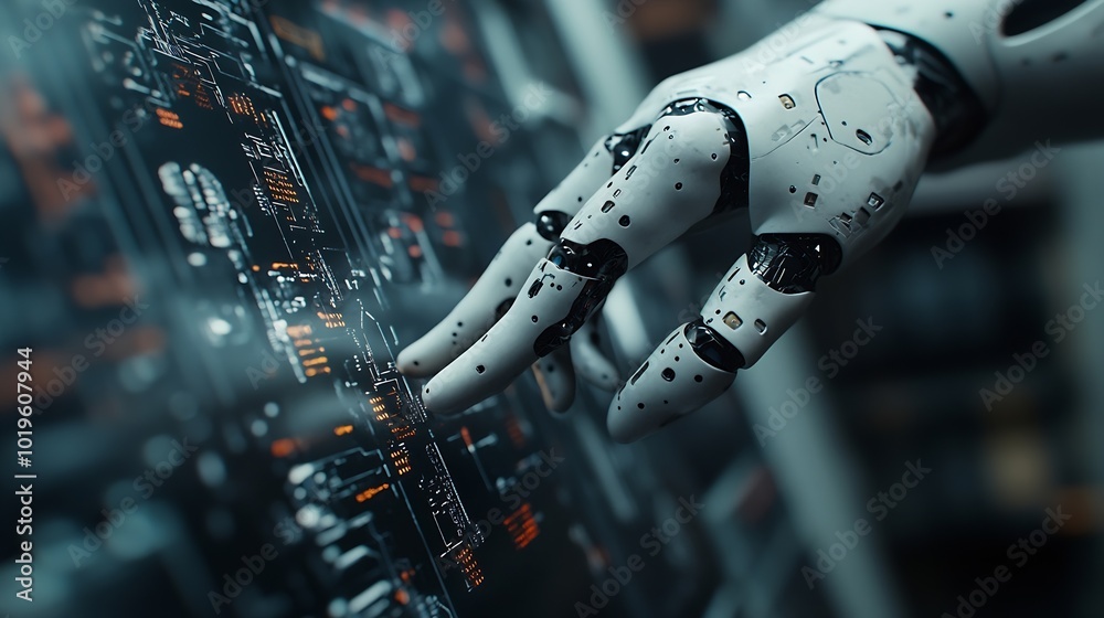 Fototapete Man using tools AI technology smart robot science and artificial intelligence technology and innovation futuristic and global connection for providing access to information and data on : Generative AI