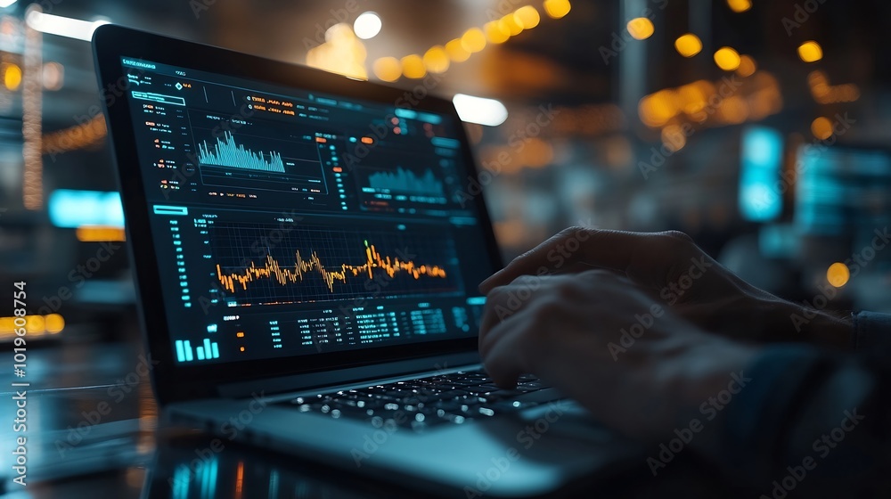 Poster business people analyze virtual graphic financial graph chart diagram on mobile laptop computer digi