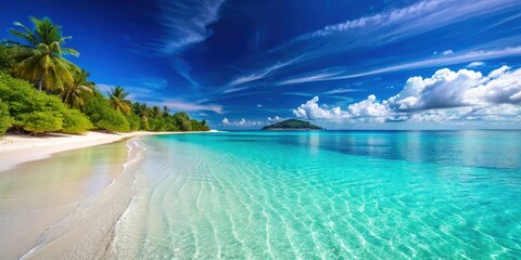 Obraz premium Serenity of a tropical beach with crystal clear blue sea and white sand, beach, tropical, sea, ocean, sand, waves