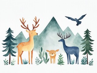 A watercolor illustration of deer and a bird in a serene forest landscape with mountains in the background.