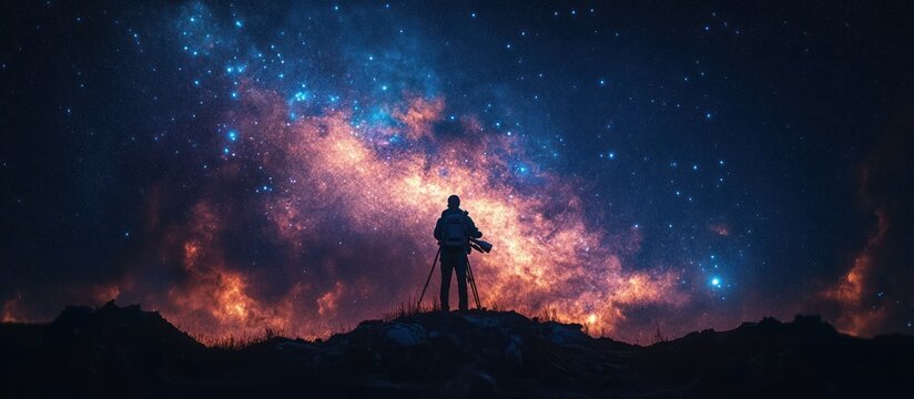 A lone figure stands on a mountaintop under a starry night sky, gazing up at the Milky Way.