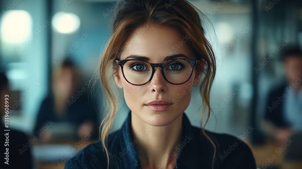 Poster engaged female leader with glasses presenting at a business workshop with attentive colleagues in a 