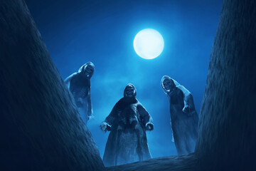 Group of hood grim reaper on graveyard cemetery wth fog and moon, Halloween theme